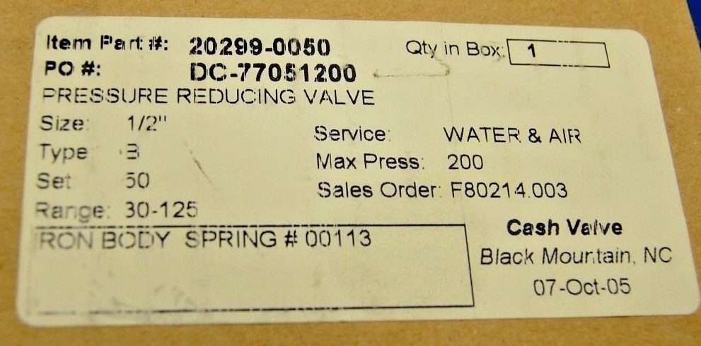 Cash 20299-0050 Pressure Reducing Valve (200 PSI Max, Type B, 1/2") Water & Air