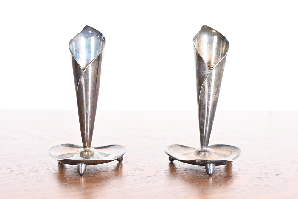 Hans Jensen Danish Modern Calla Lily Silverplate Candlesticks, Pair