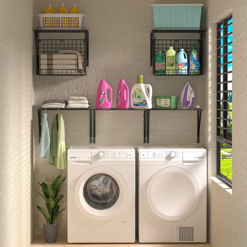 2 Pack Wall Mounted Laundry Shelves with Hooks & Wire Baskets, Black