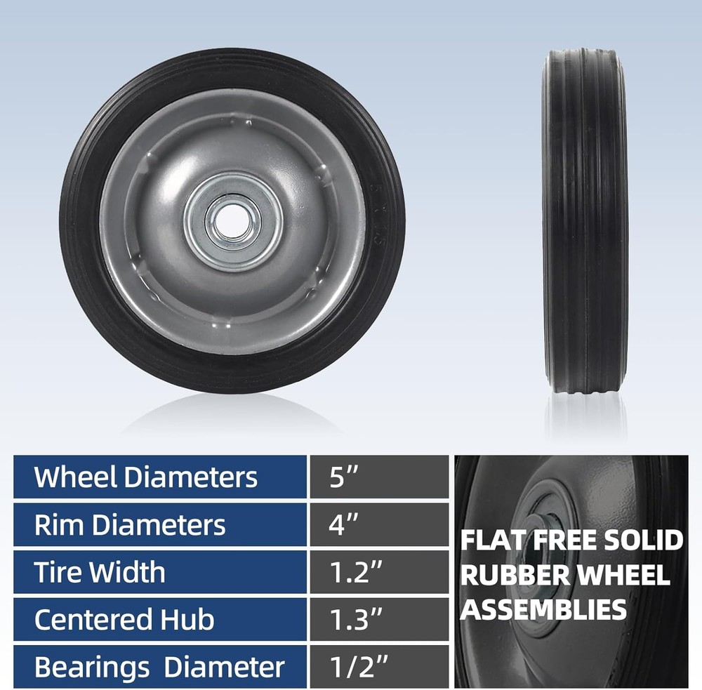 (2-Pack) AR-PRO 5” x 1.5” Flat Free Solid Rubber Wheel 5''x1.5