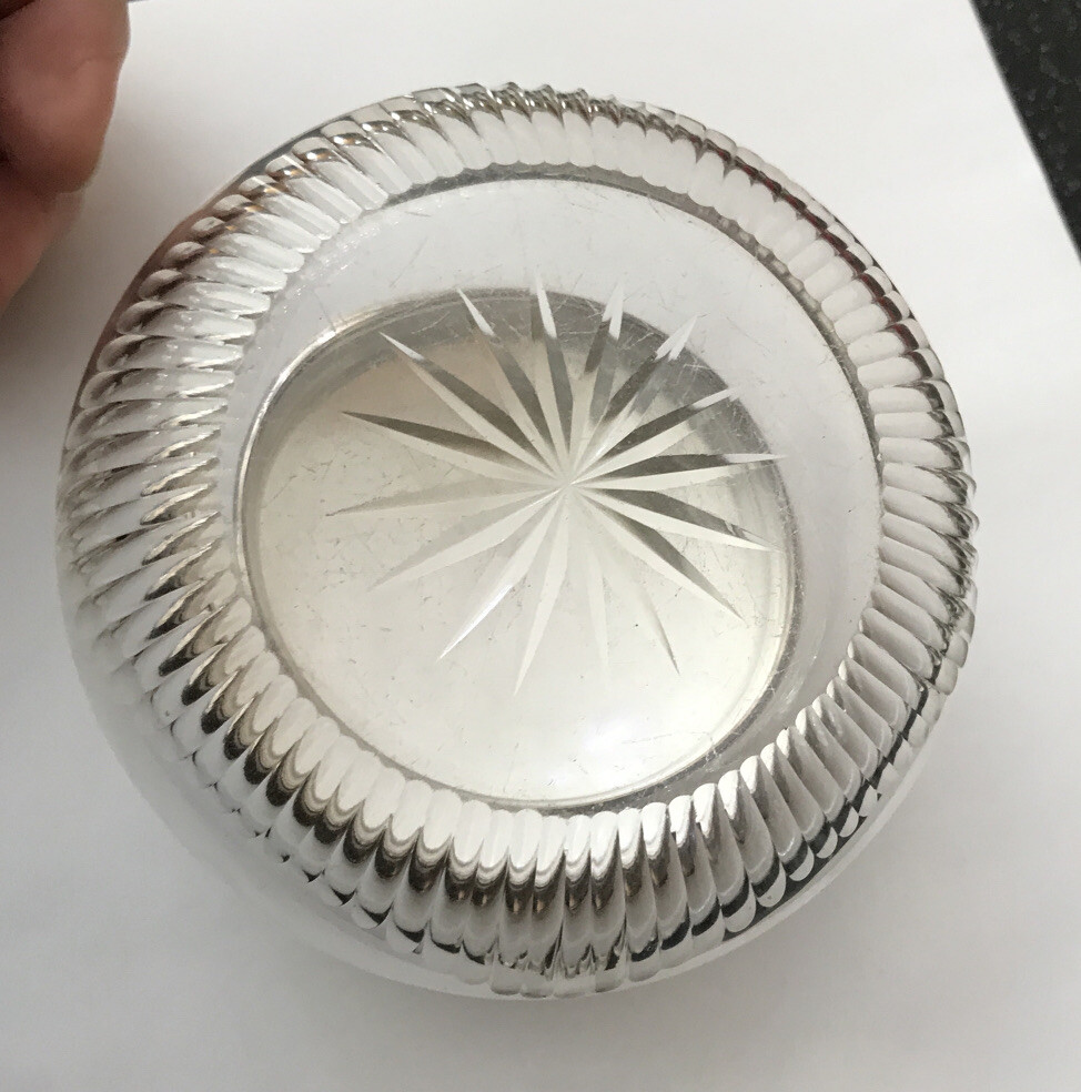 HM Hallmarked Solid Sterling Silver Glass Engine Turned Dressing Table Pot Box
