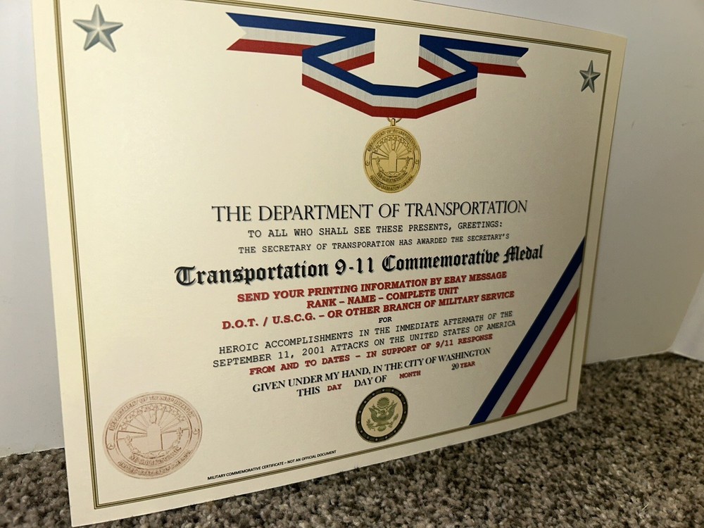 TRANSPORTATION 9-11 MEDAL COMMEMORATIVE CERTIFICATE ~ TYPE-2 / W/PRINTING
