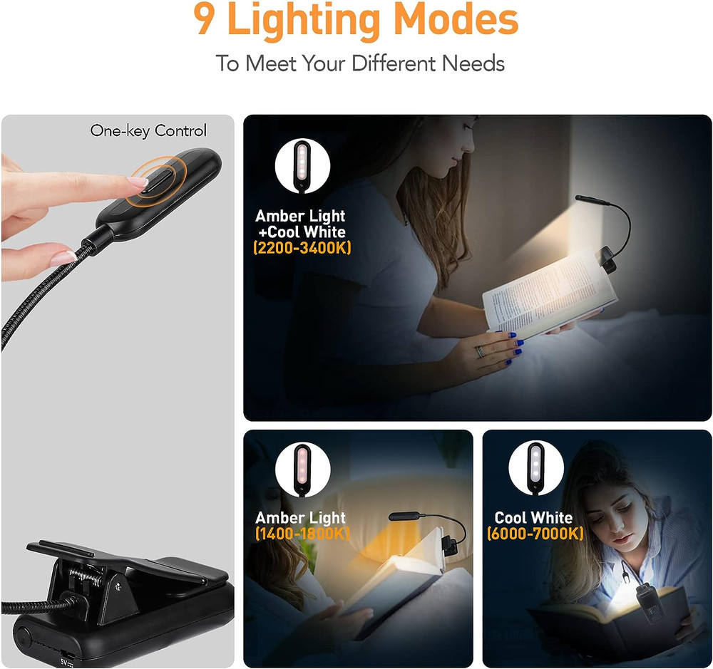 Amber Rechargeable Reading Light, Blue Light Blocking Book Light, 7 Leds Eye Car