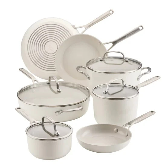 KitchenAid 11-Piece Hard-Anodized Ceramic Nonstick Cookware Set White New