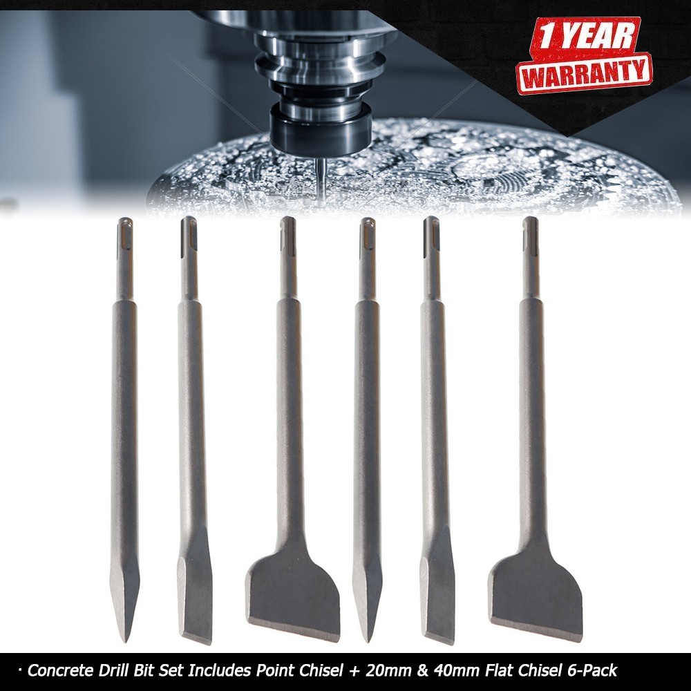 6×Concrete Drill Bit Set Includes Point Chisel + 20mm & 40mm Flat Chisel