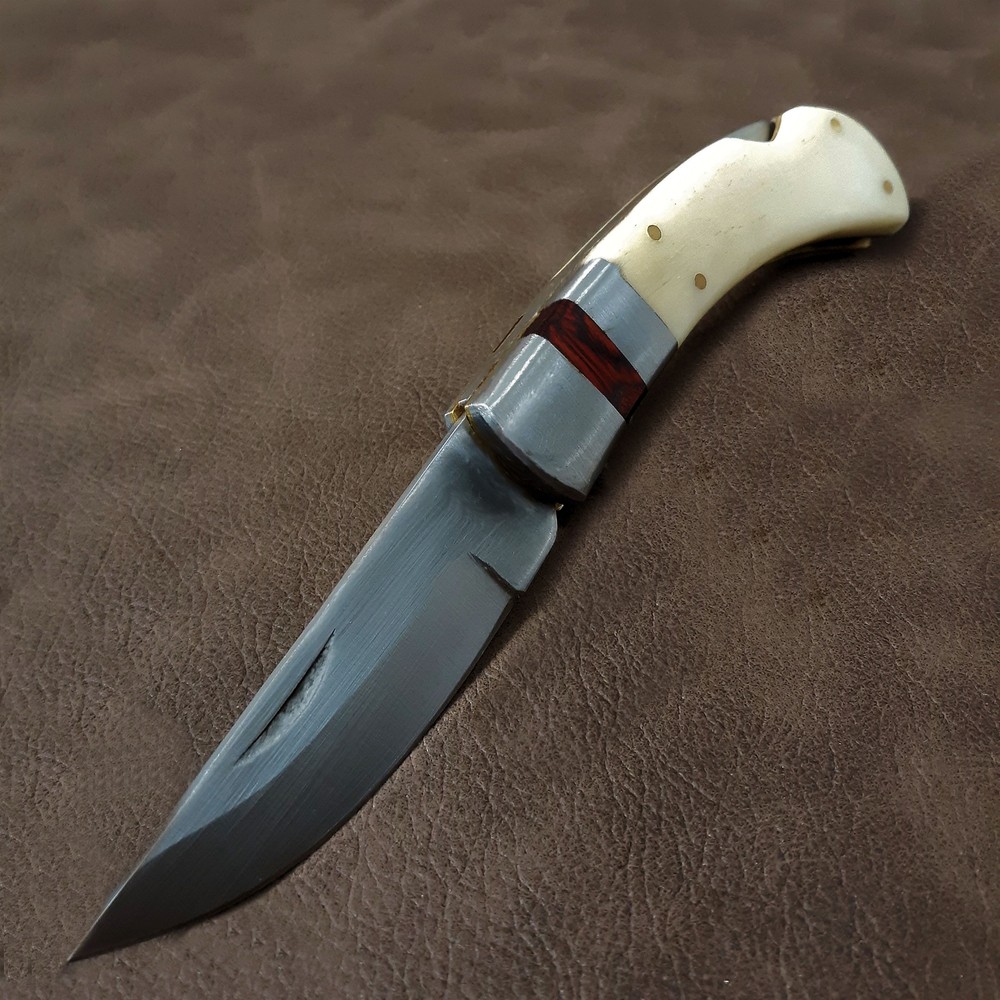 Real Bone Handle Lockback EDC Folding Pocket Knife w/Leather Sheath