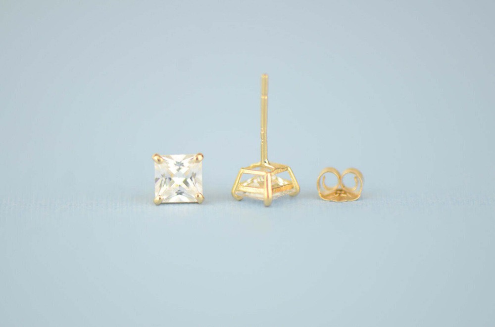 14k solid yellow gold square clear CZ basket set stud earrings 3mm-10mm