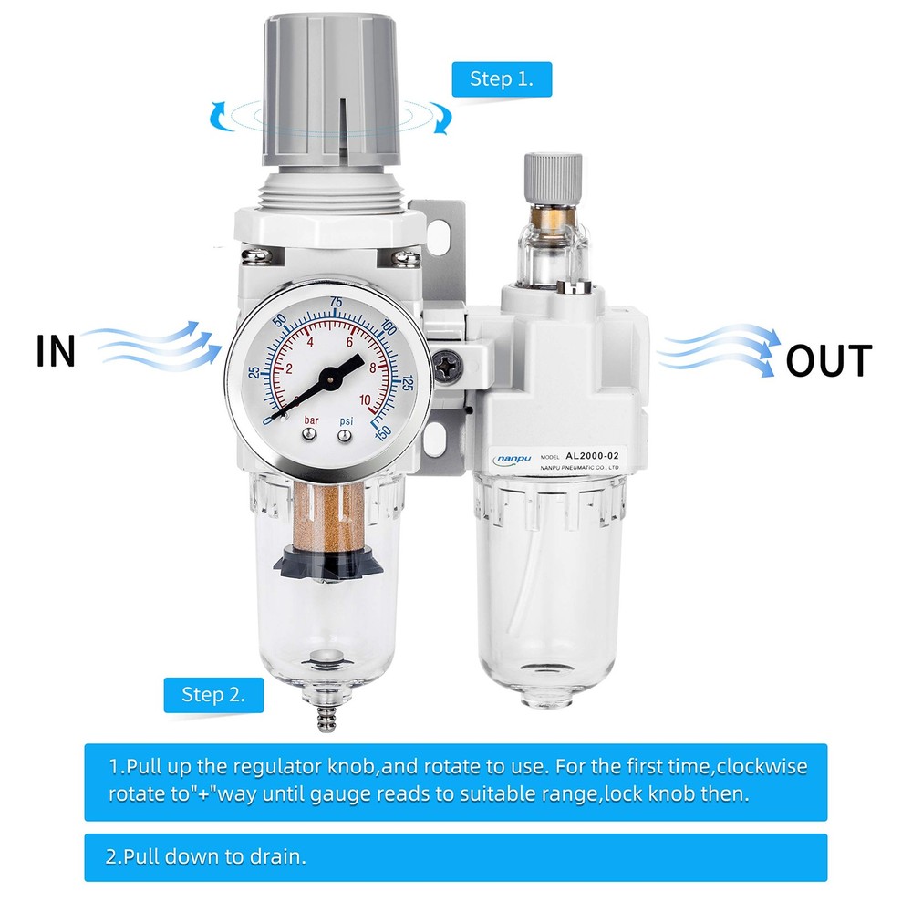 NANPU 1/4" NPT Compressed Air Filter Regulator Lubricator Combo