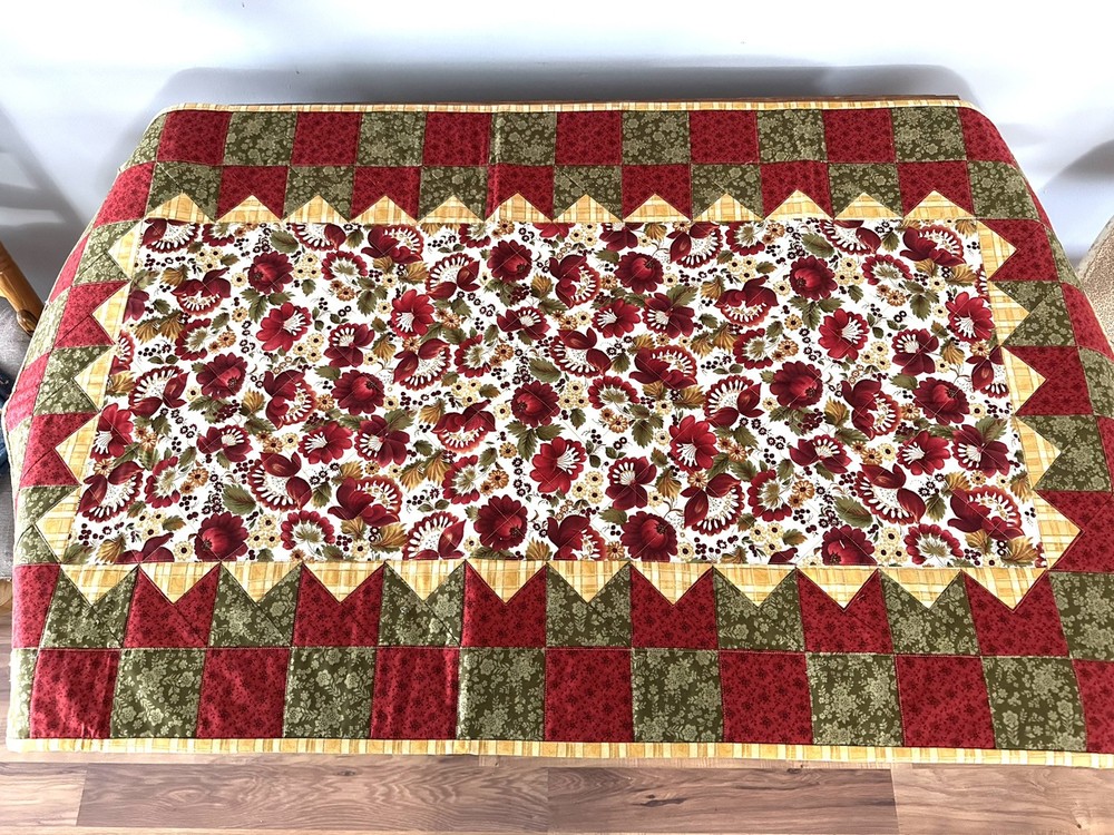 Red Floral Quilted Table Runner, Table Decor 27” x 48” New