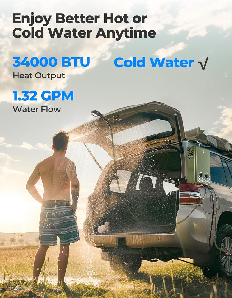 Camping Portable Tankless Water Heater 5L Capacity，1.32Gpm 34000 BTU Instant Pro