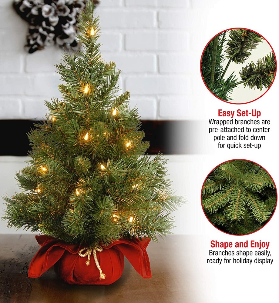 National Tree Pre-lit Artificial Mini Christmas Tree w Lights & Cloth Bag, 2 ft