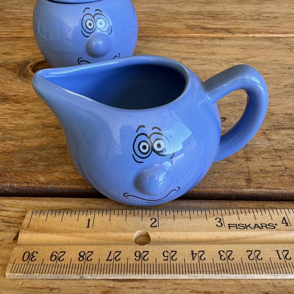 VTG Mini Set Cream & Sugar Funny Faces Blue