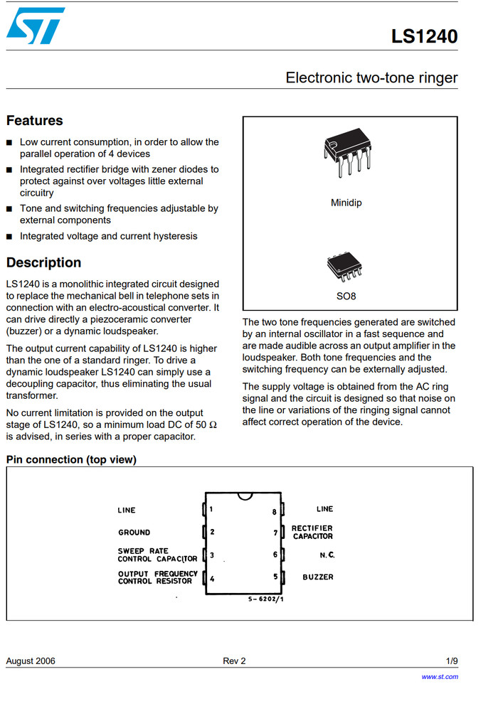 2PCS LS1240A STMicroelectronics Electronic Two Tone Telephone Ringer DIP-8