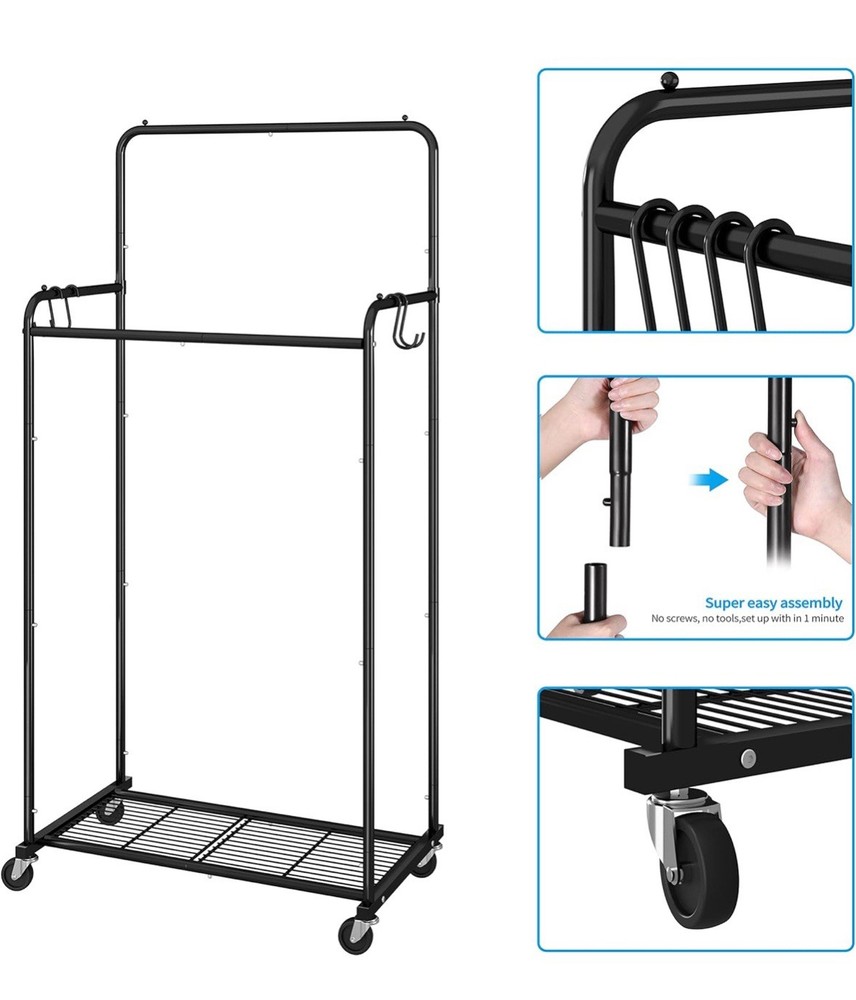 Simple Houseware Standard Double Rod Garment Rack, Black