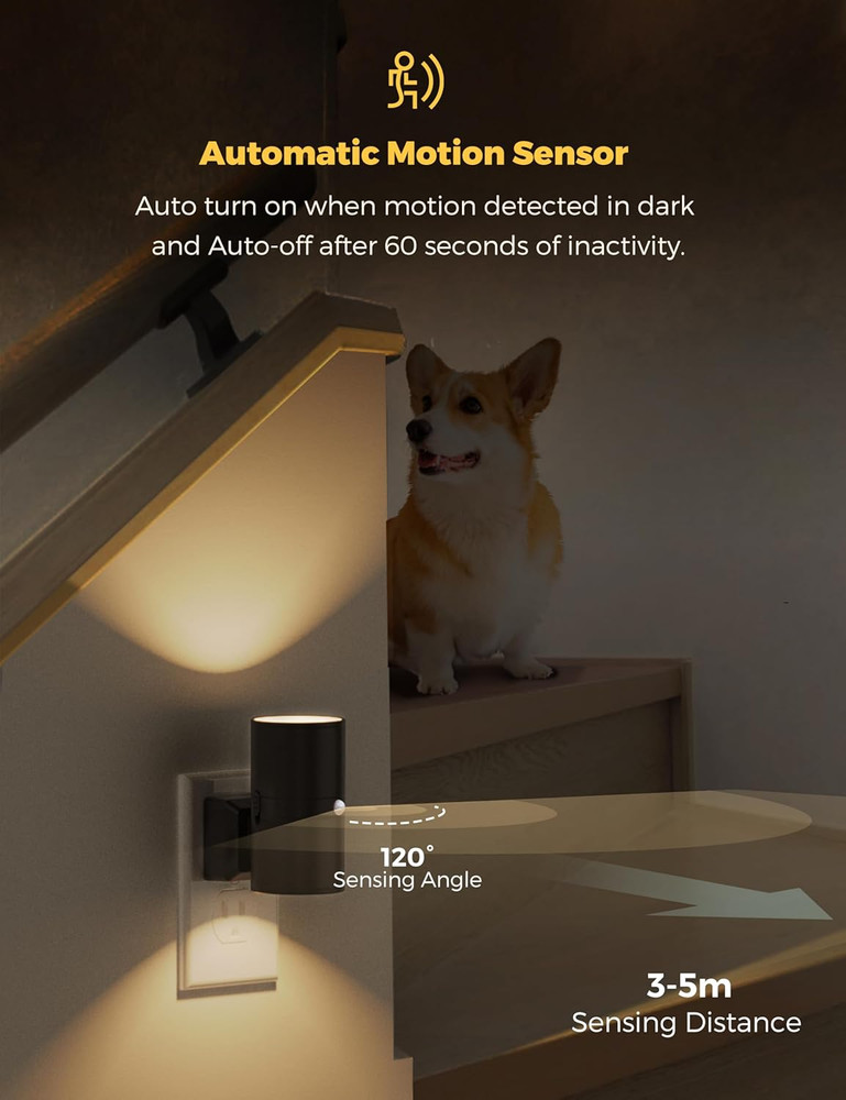 Motion Sensor Night Light Plug In, 2 Pack, Motion Activated Night Light, 0-100LM