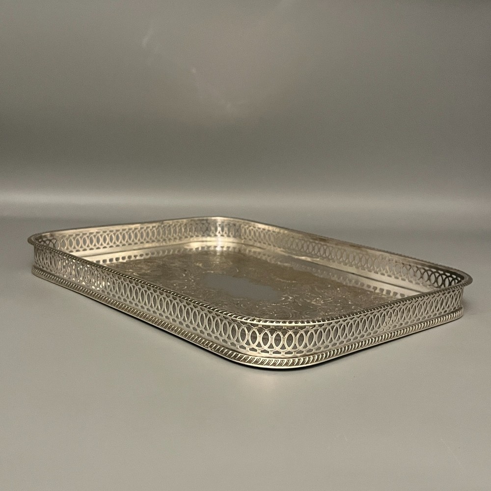 Vintage Silver Plated Gallery Tray Rectangular English Drinks Display on Brass