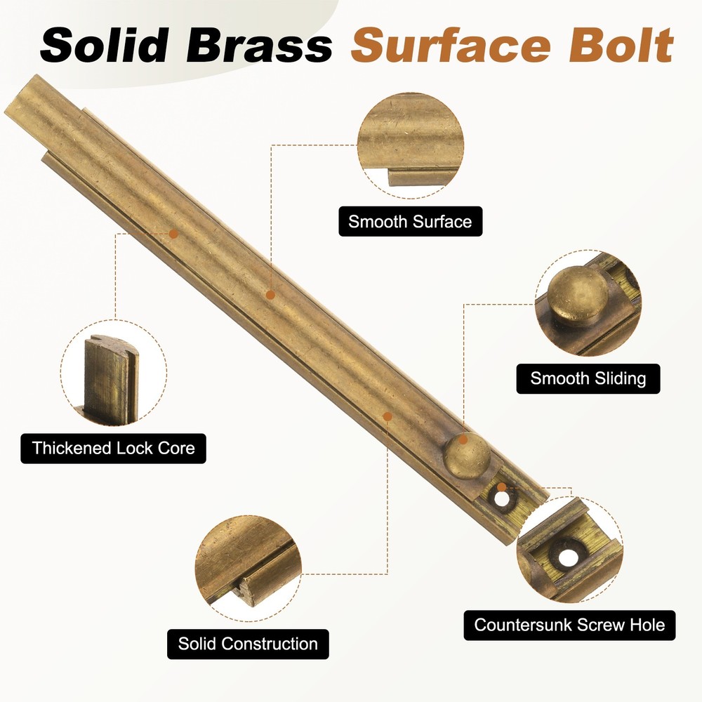 6" Solid Brass Surface Bolt, Polished Slide Latch Door Lock, Bronze
