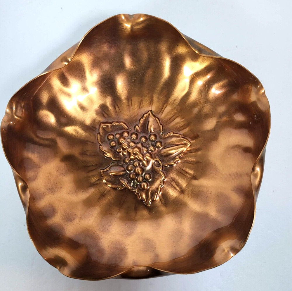 Solid Copper Dish Vintage Grape Design Candy Dish Made in USA Signed