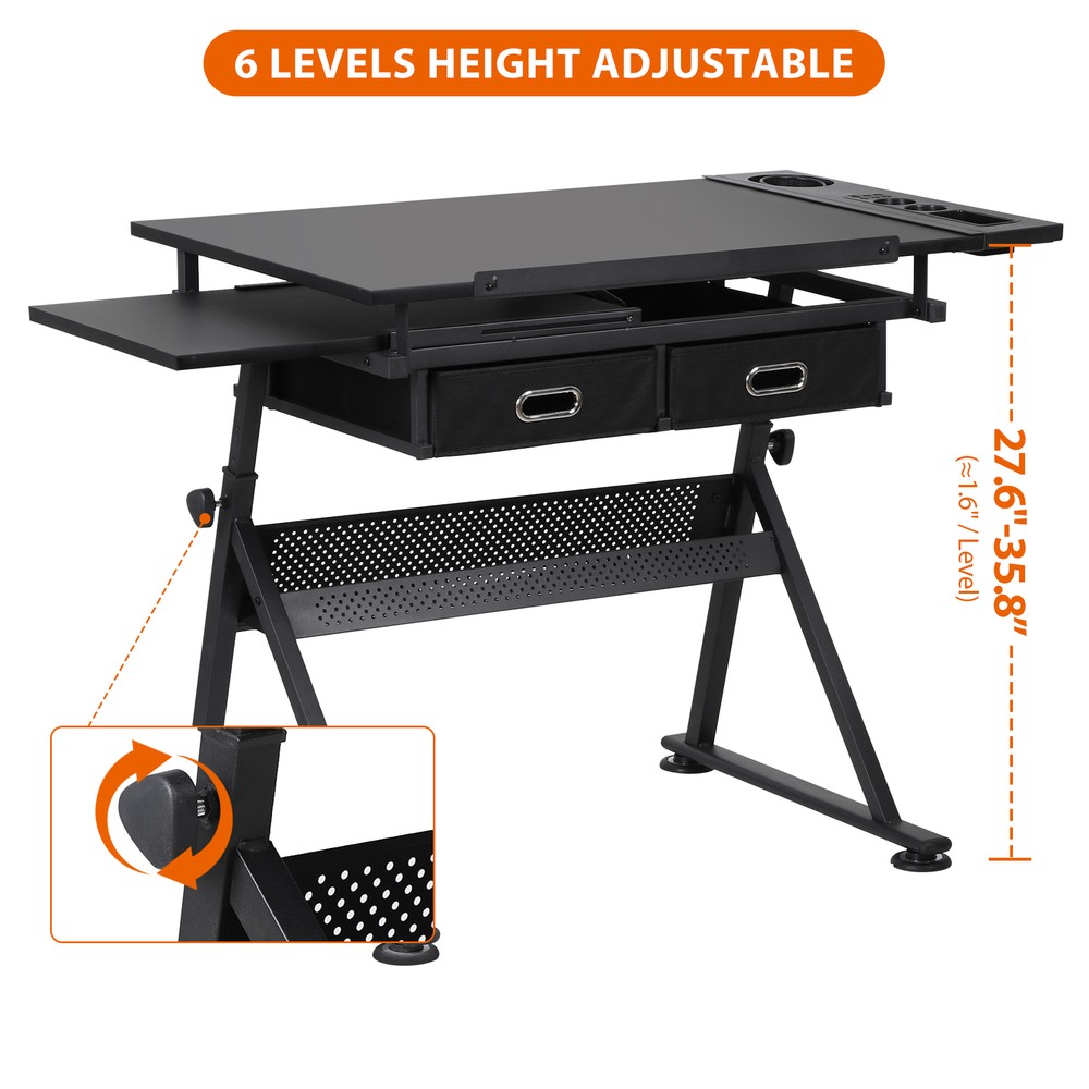 Drafting Table Adjustable Drawing Artist Desk Tilted Tabletop w/2 Drawers Stool