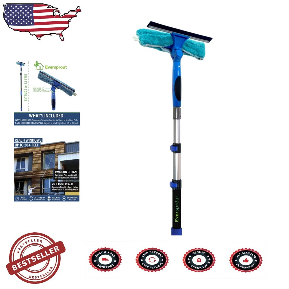 Extendable Window Scrubber & Squeegee Kit, 13ft , 7 Angles, Reusable Microfiber