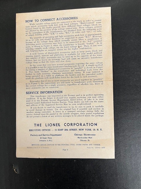 LIONEL Instructions for Operating Multi-Control Transformers & Built-in Whistle