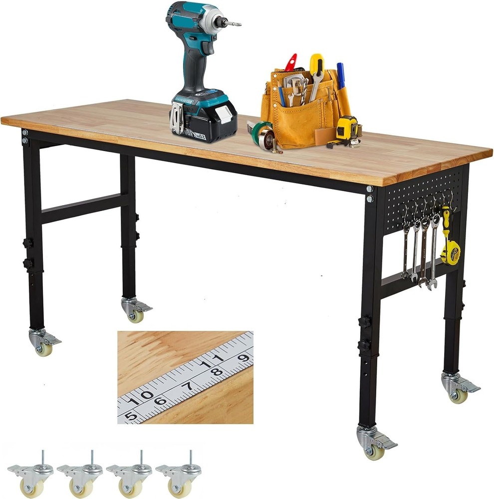 48"x24'' Adjustable Workbench 2000 Lbs Capacity Rubber Wood Workstation