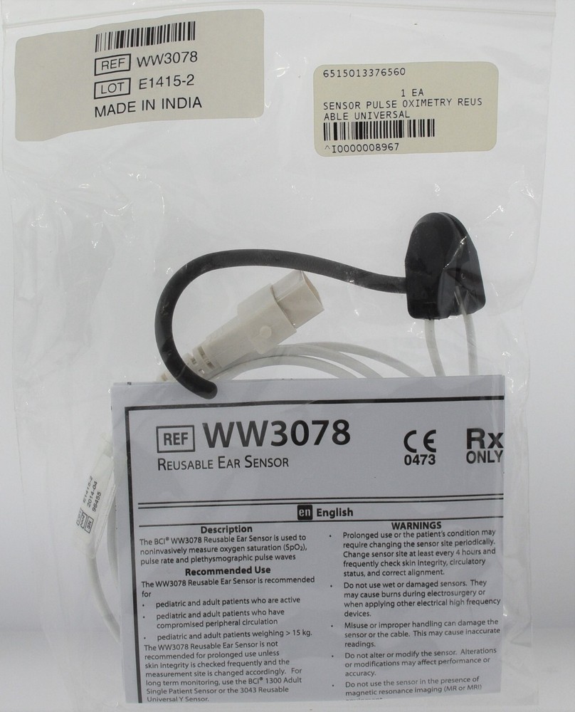 ORIGINAL BCI WW3078 SPO2 REPLACEMENT REUSEABLE PULSE OX EAR SENSOR SHORT