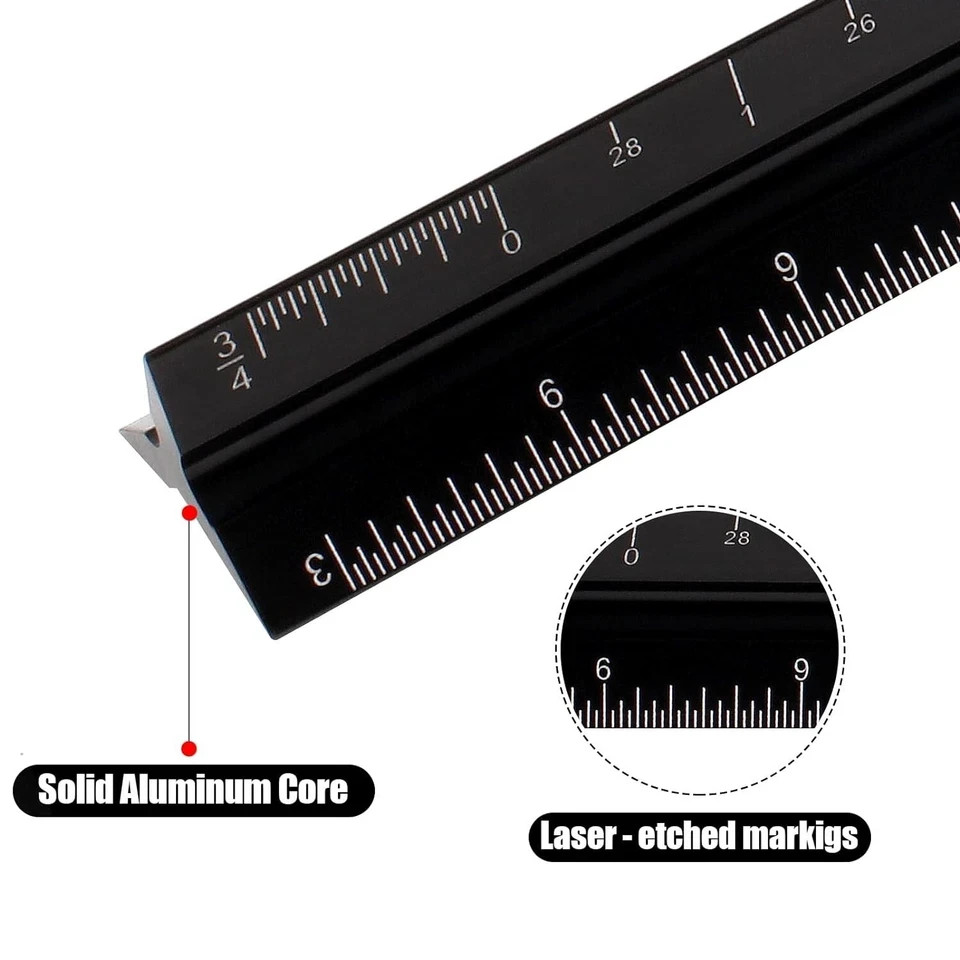 Architectural Scale Ruler 12" Aluminum Architect Triangular Black Students New