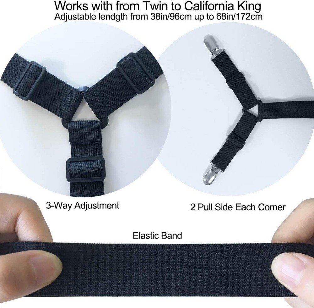 Bed Sheet Clip Straps Adjustable Elastic Gripper for Fitted Sheets 4 Pcs Black