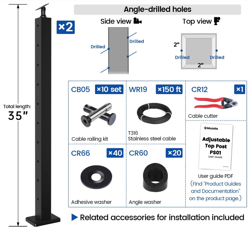 Muzata Cable Railing Kit 5-10FT Black Side Mount 36" Deck Post - 10ft max