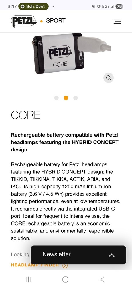 Petzl Core MICRO-USB Rechargeable Headlamp Lithium Hydrid Battery System E99ACA