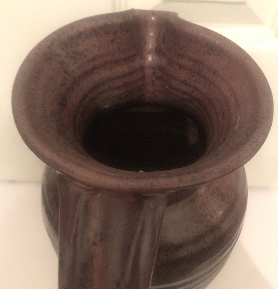 Art Pottery Ceramic Pitcher Rustic Drip Glaze Ribbed Pattern Scroll Handle 11.5”