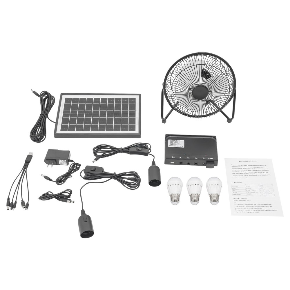 Solar Power Panel Kit Outdoor Camping USB Charging System W/ LED Light & 8" Fan