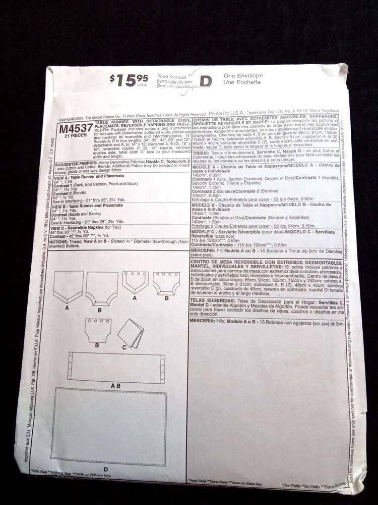 McCALL'S Home Decor Pattern M4537 OSZ Reversible Tablecloth Runner Placemats