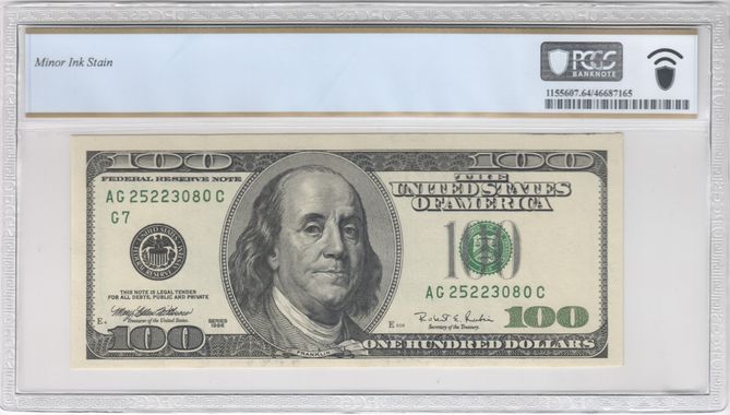 1996 $100 Small Size Federal Reserve Note, Insufficient Inking Error PCGS CU64