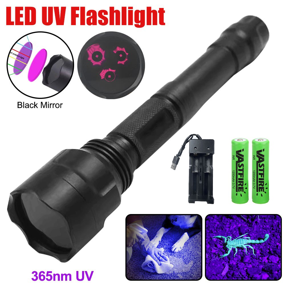 365 nM UV Camping Light 3LED Flashlight BlackLight Inspect Torch Rechargeable