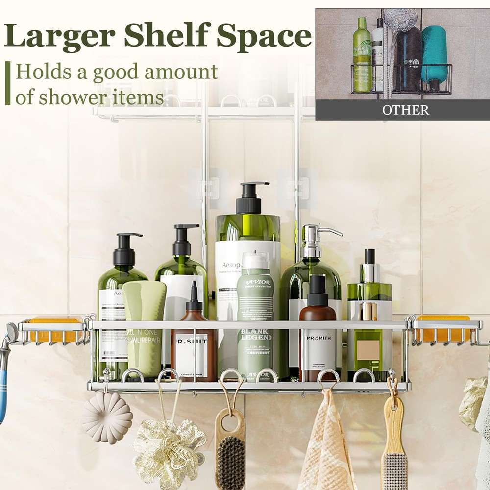 Skyapex Adjustable Rustproof Shower Caddy - Hooks, 2 Soap Holders, Silver