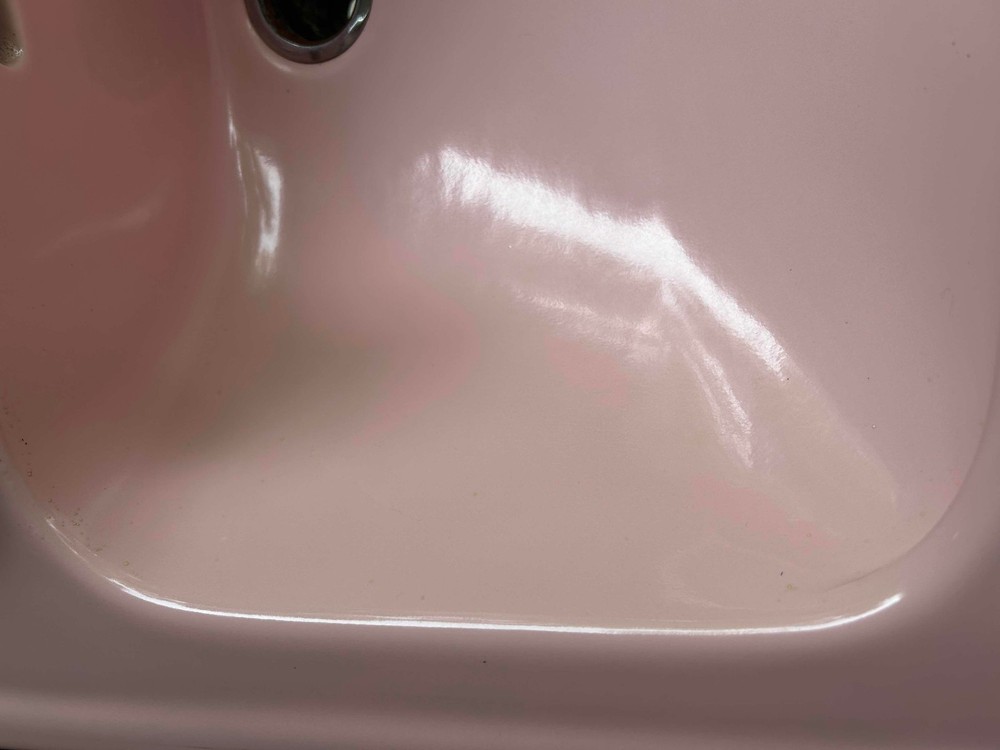 1954 Crane Pink Bathroom Sink - Drop-In - Atomic Chrome Knobs - Square Corners!