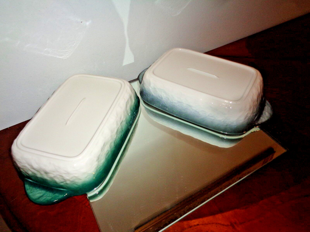 Set of 2 Green & Gray Ceramic Rectangular Baking Roasting Stackable Pan 9X5.5X1"
