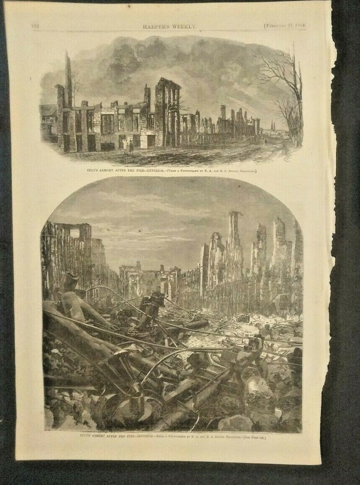 Colt's Armory Fire vintage print 1864