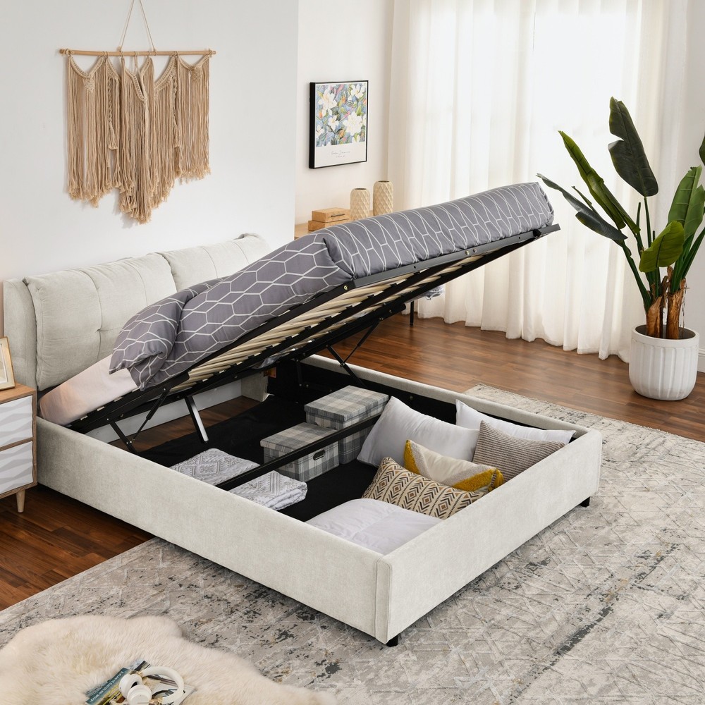 Queen Size Upholstered Platform Bed Frame with Hydraulic Storage White/Black