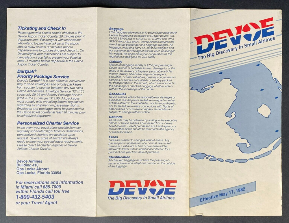 Devoe Airlines Timetable Effective May 17, 1982