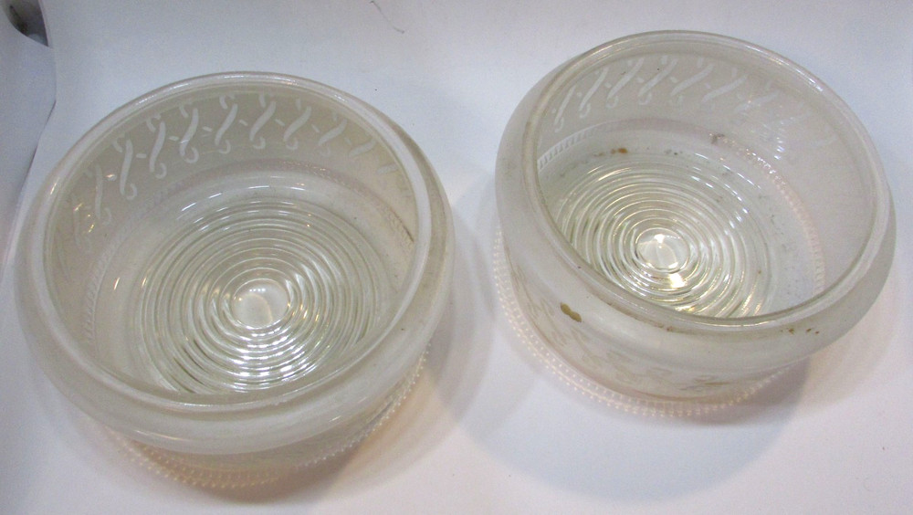 Pair Old White Frosted Glass Drum Bullseye Scroll Ceiling Light Diffuser Globes