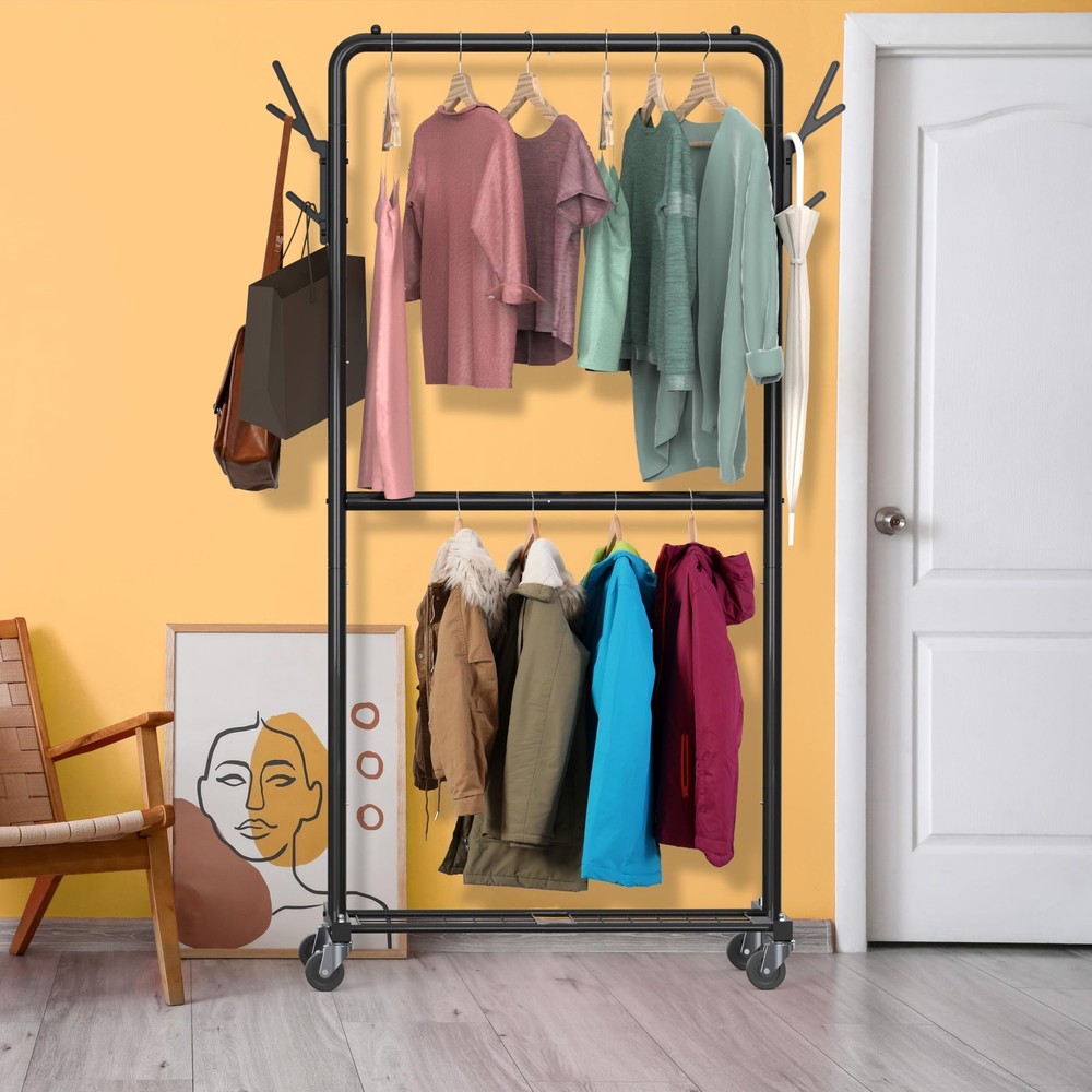 Double Rod Garment Rack with Wheels and Hooks, Black