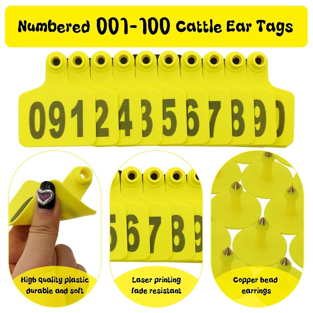 High-Quality Plastic Ear Tags for Cattle, Sheep & Hogs - 001-100 Numbered Set