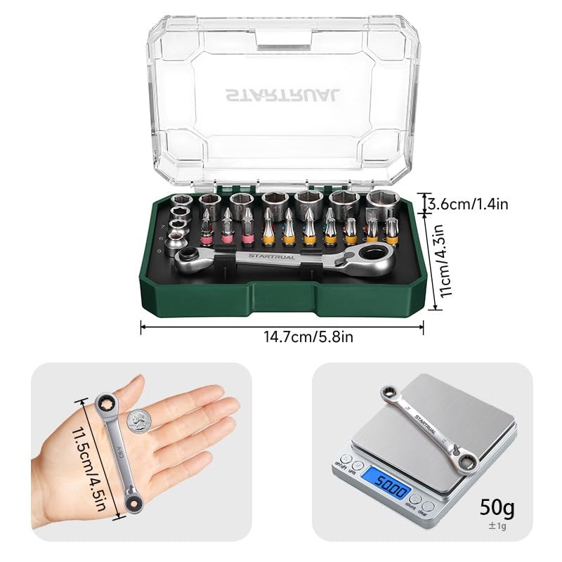 31-Piece 1/4" Mini Ratchet Set, Right Angle Screwdriver, Pass Through Socket, Lo