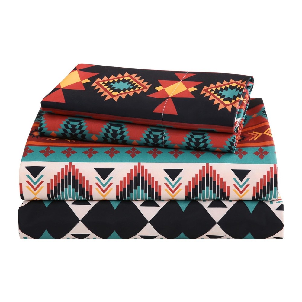 4 Pieces Queen Sheet Set Bohemian, Boho Sheets Soft Microfiber Deep Pocket, W...