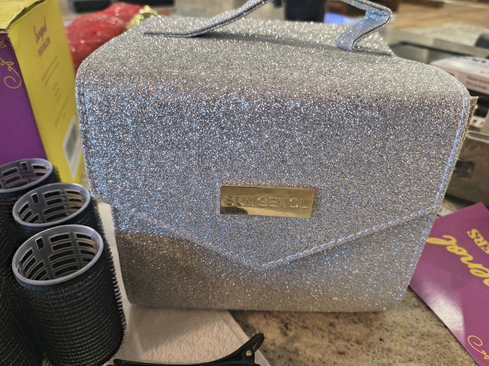 Sungerol 18 Hair Rollers, Comb, Clips, Storage Bag And Silver Sparkle Case With