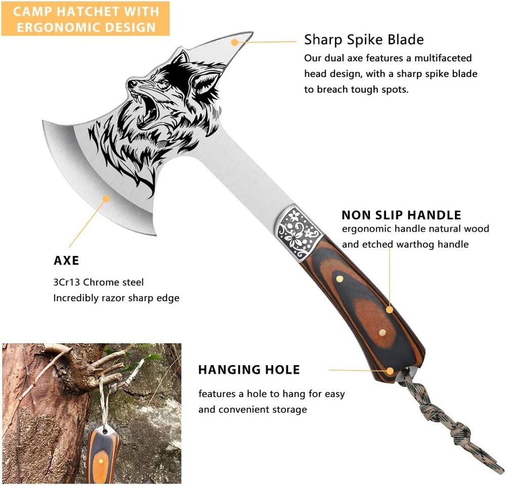 Camping Axe Survival Throwing Axe w/Sheath Wolf Head Tactical Tomahawk Camping