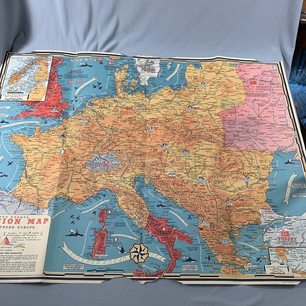 Vtg WWII War Map Invasion Dated Events